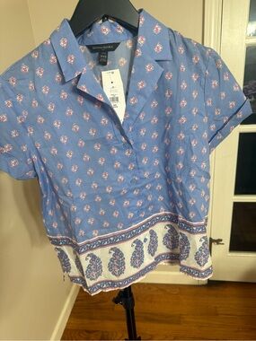 NWT Banana Republic Blue Short-Sleeve Button womens Top size XXS